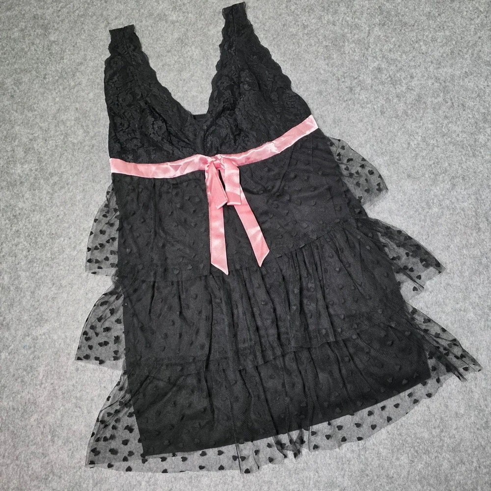 Cacique Babydoll Lingerie Black Pink Heart Ruffle Tiered Lace 2 PC Set 14/16 NEW - Picture 1 of 8